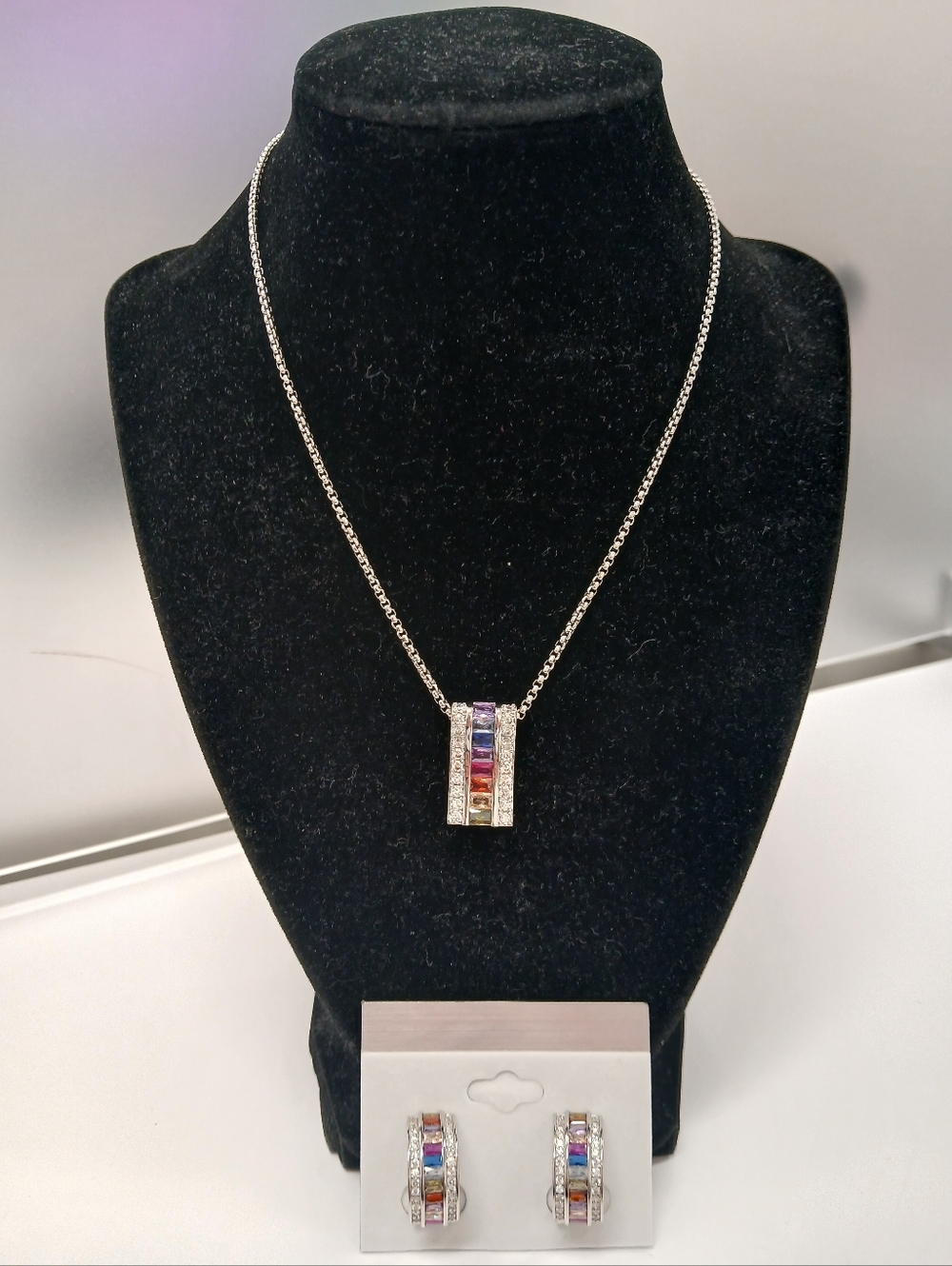 NEW! White Gold Filled Multicolor Crystal Bar Pendant Necklace & Earrings Trendy